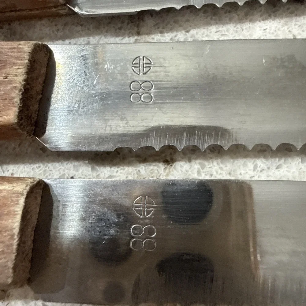6 Vintage Brand Ware Stainless Steel Steak Knives Wooden Handles Dainty Set